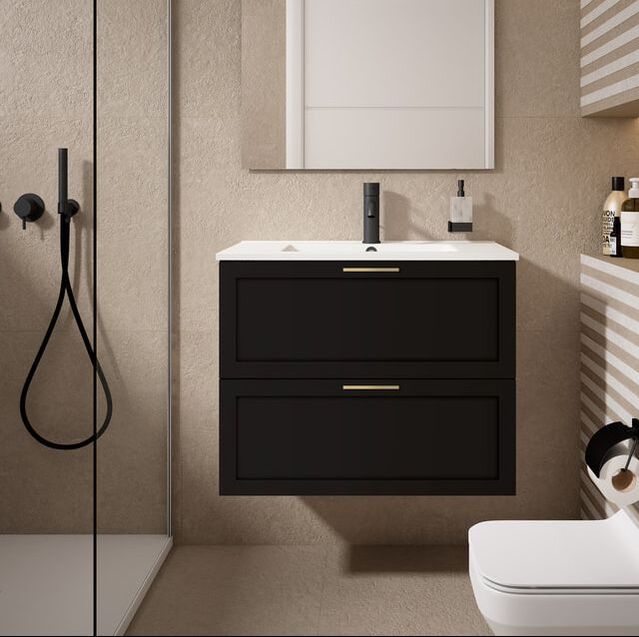 Matte black ICO Rhythm vanity with shaker fronts and brushed gold hardware next to a shower screen and matte black faucets