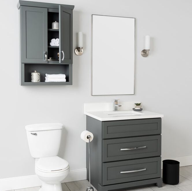 Grey 24' canadian vanity by stonewood with wall unit and rectangular mirror