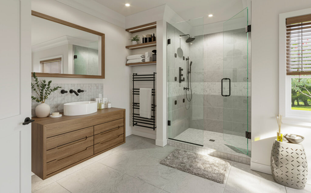Custom bathroom with hydroblok shower waterproofing floating walnut vanity and undermount bathrtub