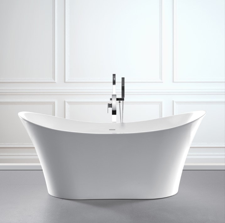 Curved freestanding bath in white with a modern square freestanding tub filler and traditional paneled wall