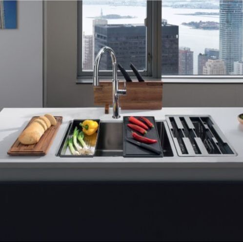 Franke workstation kitchen sink with cutting board and knife block