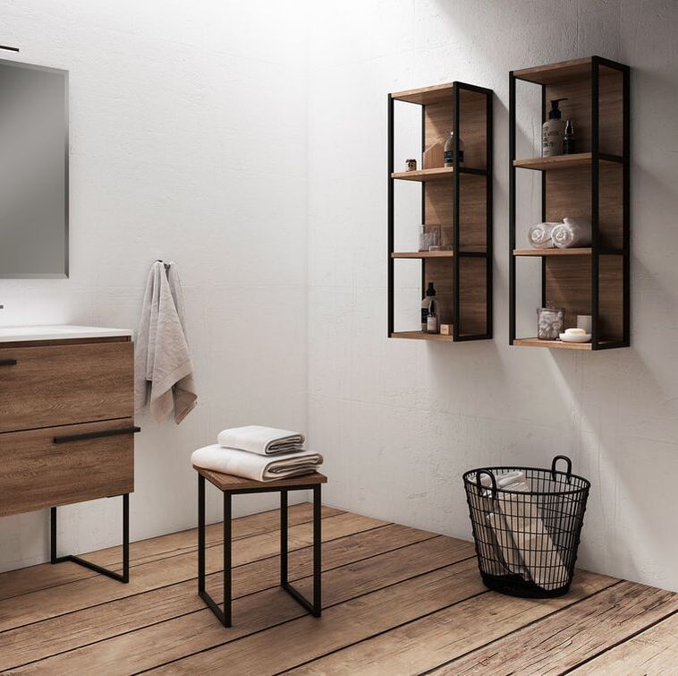 Ico Accent open shelving with matte black and dark walnut accents in a barnwood floor and white bathroom with matte black and walnut stool and light grey towels
