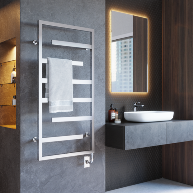 Ico heated towel rack made in europe in a modern square design with brushed steel finish