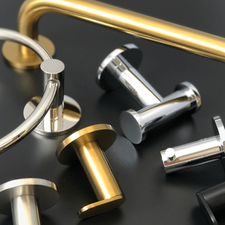 robe hook towel bars and towel rings in brushed gold, chrome, matte black and polished nickel by Kartners in solid brass