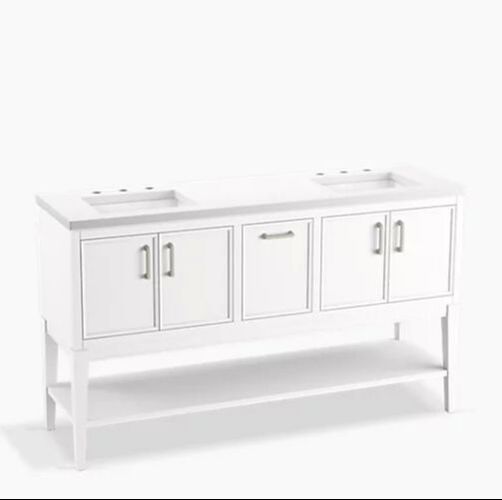 5 foot wide kohler winnow vanity in white with a silestone quartz countertop and brushed nickel hardware double sinks and a large shelf underneath