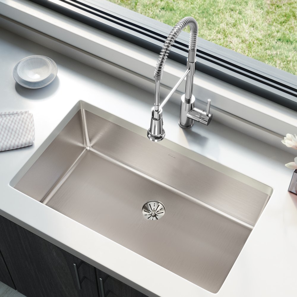 Elkay undermount single bowl stainless steel kitchen sink with perfect drain and semi-pro kitchen faucet