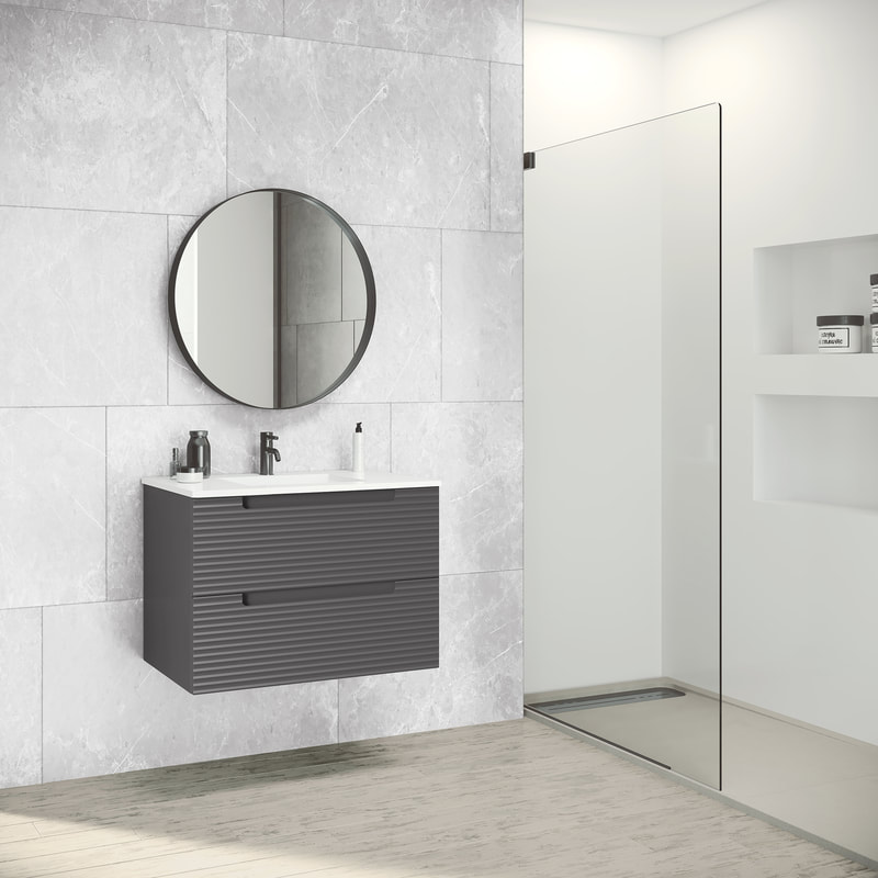 Ico coda rippled vanity with fluted drawer fronts in a modern bathroom with a shower screen and storage niches and a round mirror with metal trim