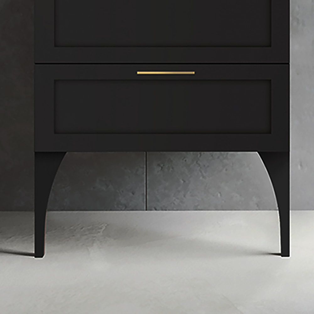 Ico curved legs for floating vanities in matte black below a modern farmhouse shaker vanity in a grey room with brushed gold hardware