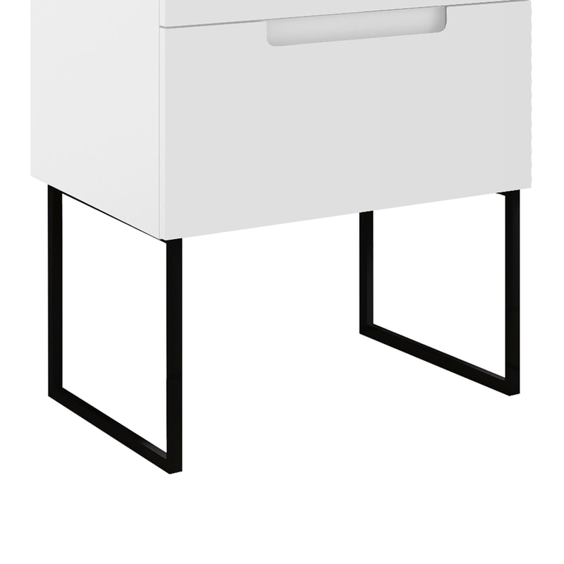 Ico modern matte black vanity legs below a matte white modern vanity with integrated drawer pulls
