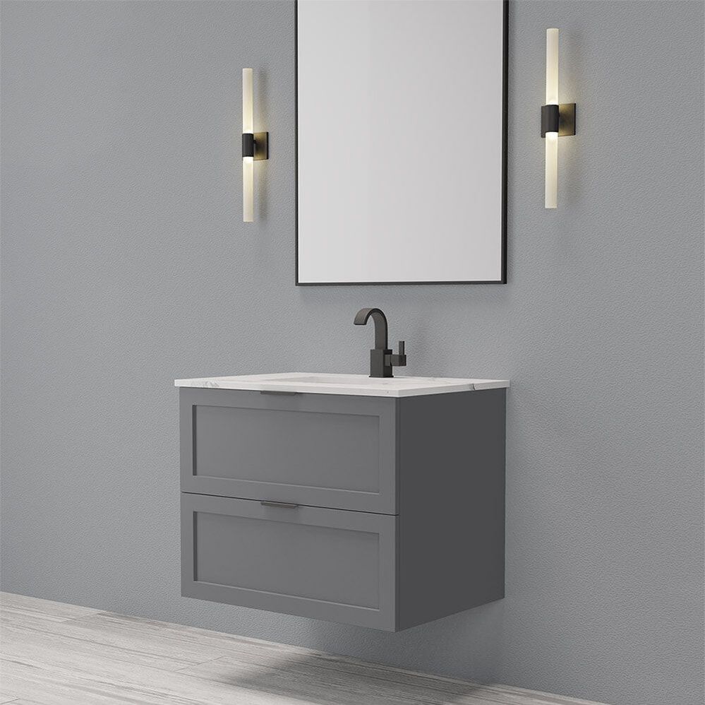 DM Bath floating vanity with shaker doors and square modern matte black faucet and mirror with black frame