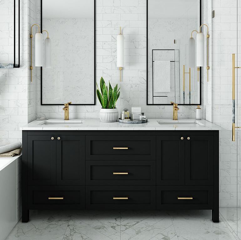 Matte black vanity with brushed gold hardware and faucets triple wall sconces and double undermount sinks in a classic bathroom