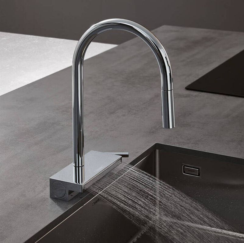 Hansgrohe aquno chrome kitchen faucet with wide spray function operating