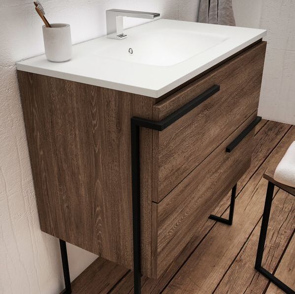 Wooden ico vanity from the accent series with matte black hardware and a white one piece top in a large bathroom and chrome faucet