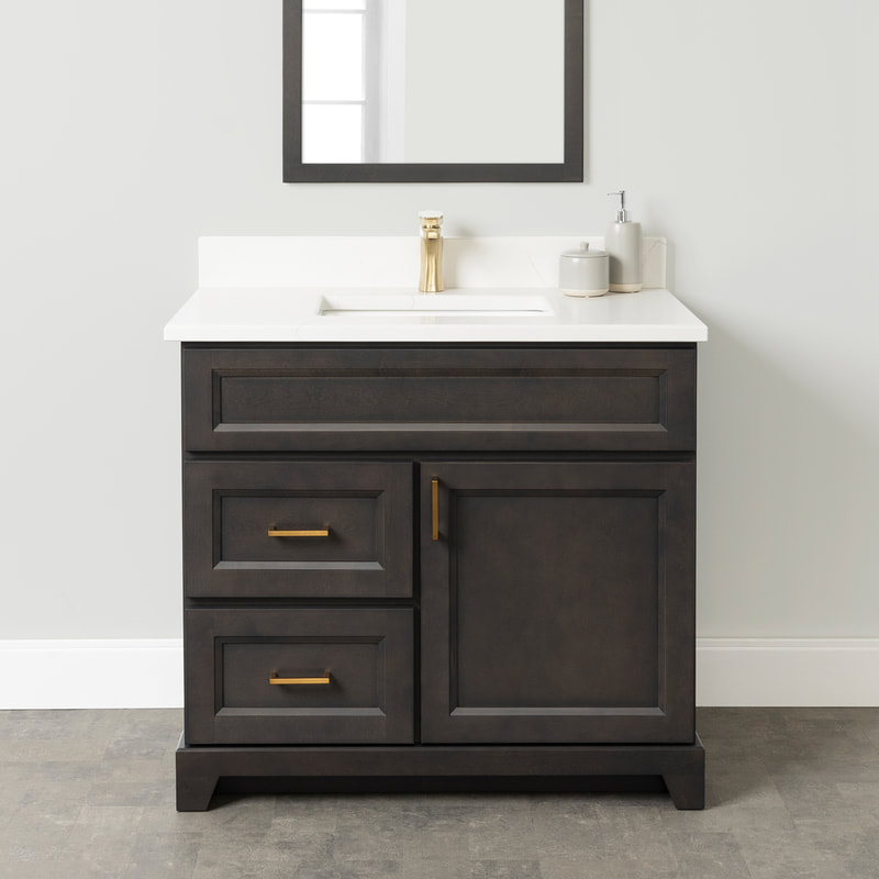 Stonewood lakewood stained vanity with a white countertop and gold faucet and hardware.
