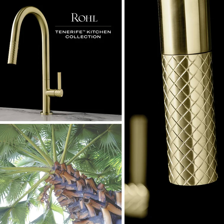 Rohl gold tenerife gooseneck kitchen faucet with knurled accents